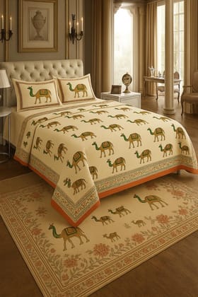 DHRUVINSRI Heritage Camel Print Cotton King Bedsheet with 2 Covers DHRUVINSRI Heritage Camel Print Cotton King Bedsheet with 2 Covers