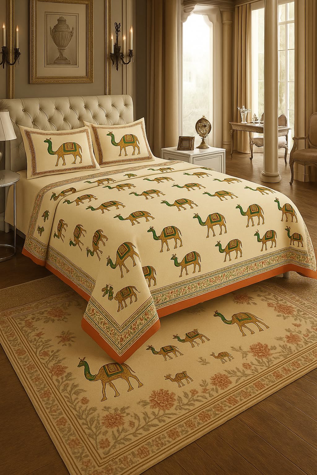 DHRUVINSRI Heritage Camel Print Cotton King Bedsheet with 2 Covers