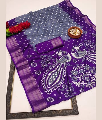 HEMA SILK MILLS Silk Blend Printed Regular Saree With Unstitched Blouse Piece ( Grey )