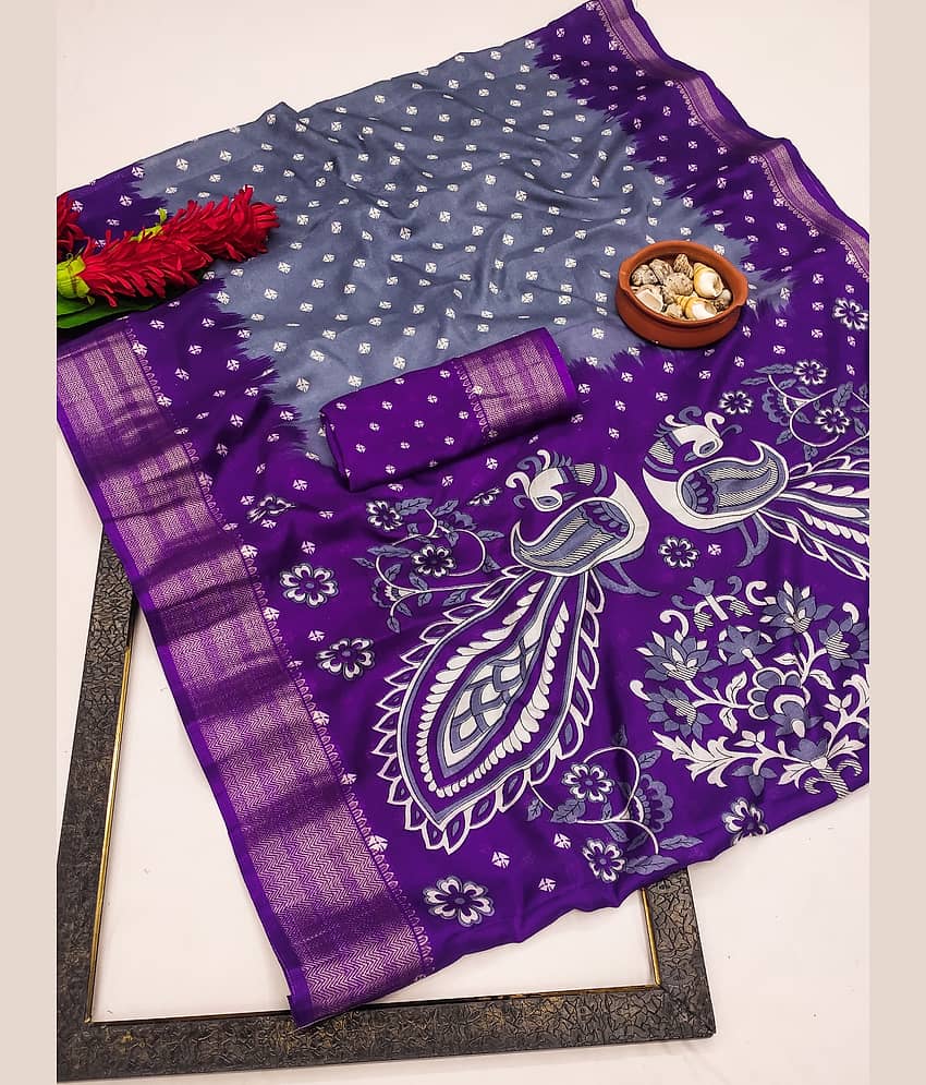 HEMA SILK MILLS Silk Blend Printed Regular Saree With Unstitched Blouse Piece ( Grey )