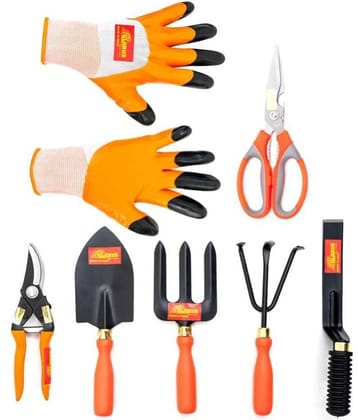 GLOBUS 1306 Steel Garden Tool Set/7 PCS (Big Trowel, Weeder Fork, Hand Cultivator, KHURPA 1" Orange Colour Plastic Handle, Scissor, Major Pruner and Gardening Gloves.