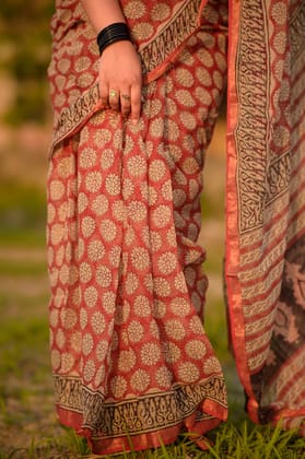 Natural dyed Bagru saree - Roheda Kota Chand handblock printed saree
