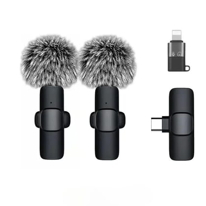 GADGETSWEAR K9 Dual Wireless Lavalier Microphone for Android/iPhone – 3-in-1 Collar Mic with USB-C & Lightning Plug | Furry Windscreens | Noise Cancellation | Vlogging, YouTube, Interviews, Reels Black