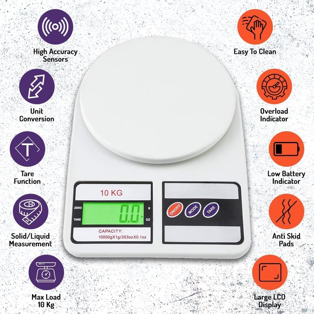 Digital Kitchen Food Weighing Scale For Healthy Living, Home Baking, Cooking, Fitness & Balanced Diet. | 1 Year Warranty | 10Kg x 1gms with 2 Batteries Included, SF400/A121, Color May vary