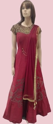 Women's Maroon Embroidered Ethnic Wear Long Kurti Churidar Suit With Dupatta-HELLY / Maroon / F