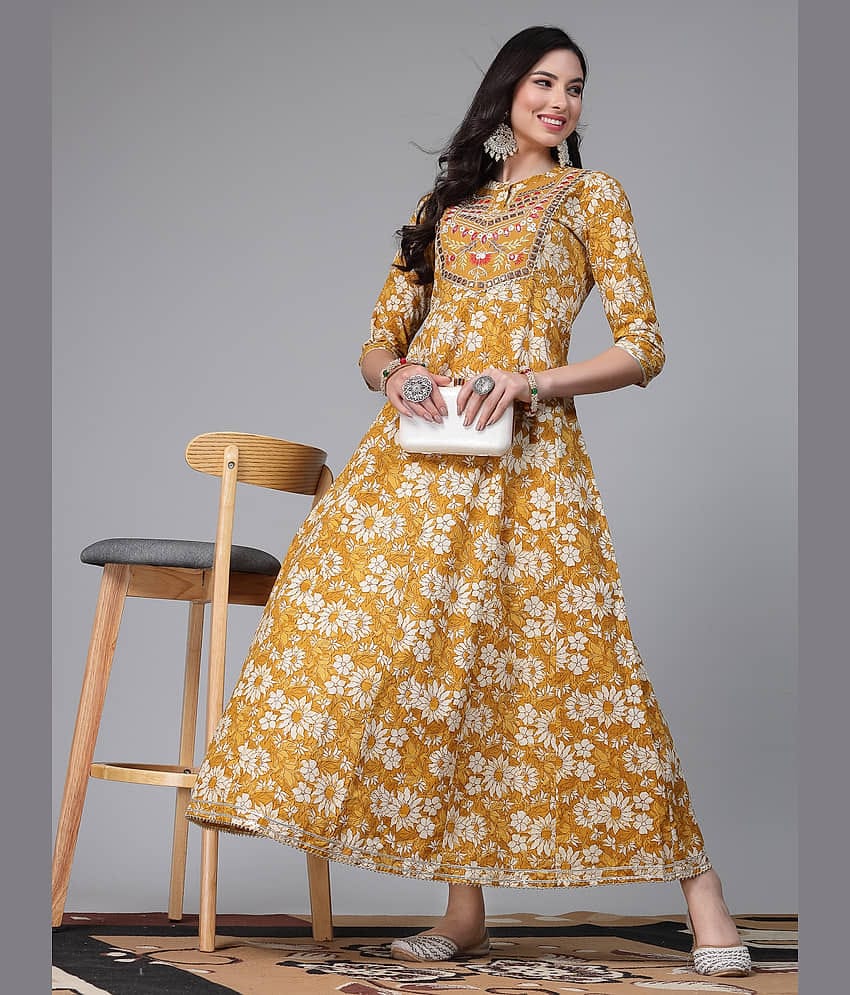Stylum Cotton Printed Anarkali Women's Kurti - Mustard ( Pack of 1 )