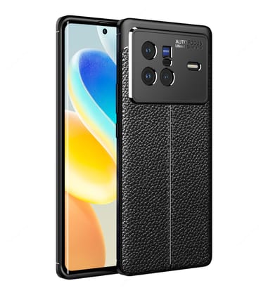 Vegan Leather Rugged Flexible TPU Series Shockproof Armor Back Cover for Vivo X80, 6.78 inch, Black
