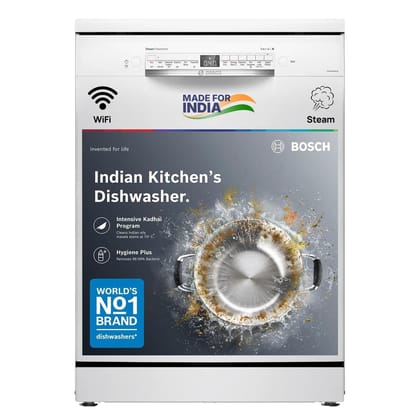 Bosch 14 Place Setting Free Standing Dishwasher for Indian Utensils, WiFi Enabled, Intensive Kadhai Program, Inbuilt Heater, Fits Up to 80 Utensils, White (SMS6IKW01I) Bosch 14 Place Setting Free Standing Dishwasher for Indian Utensils, WiFi Enabled, Int