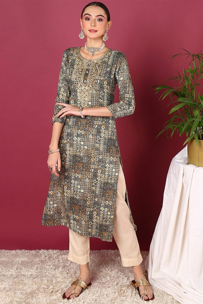 Plus Size Blue Viscose Rayon Ethnic Motifs Printed Straight Kurta VCK9581 - Kurtas & Kurta Sets | Buy online on ZillyBuy