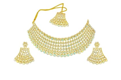 Gold Plated Kundan Choker Necklace Set with Earrings and Maang Tikka, Turquoise Stones, Traditional Indian Bridal Jewelry