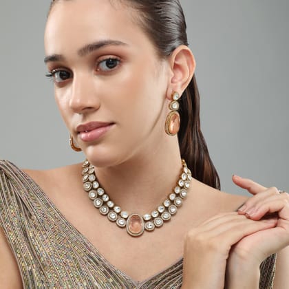 Saffron Polki Necklace Set-POLKI STONES ALLOY / WHITE