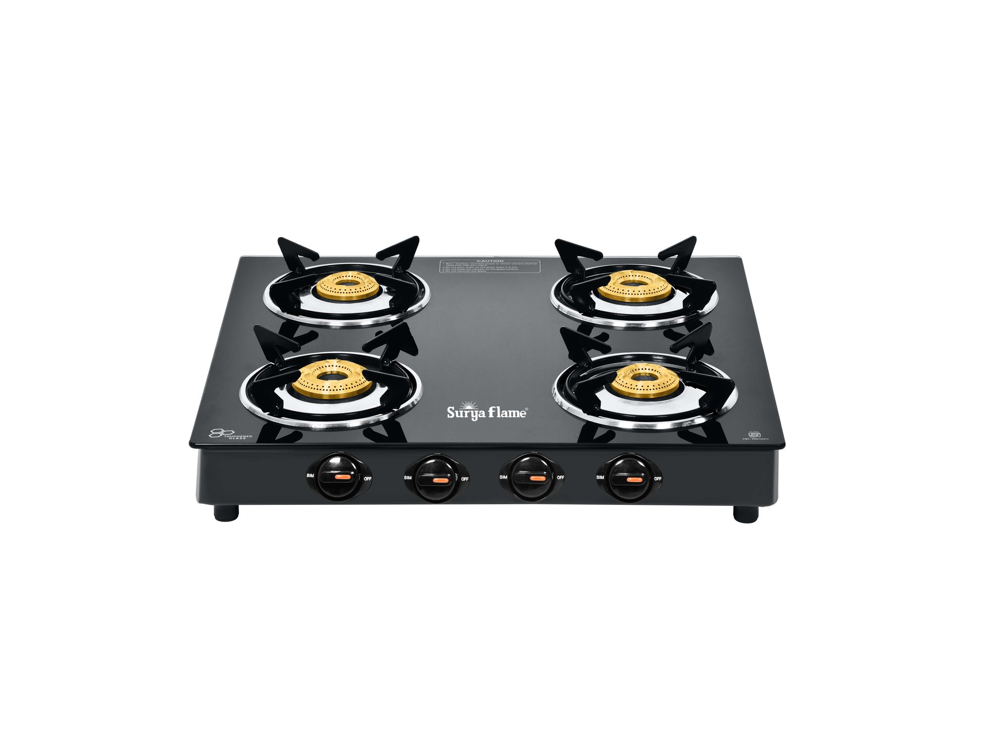 Surya Flame Splendor 4 Burner Gas Stove, Toughened Glass Top, Brass Burners, Durable Brass Valve, Fuel Efficient 69%+ - Black