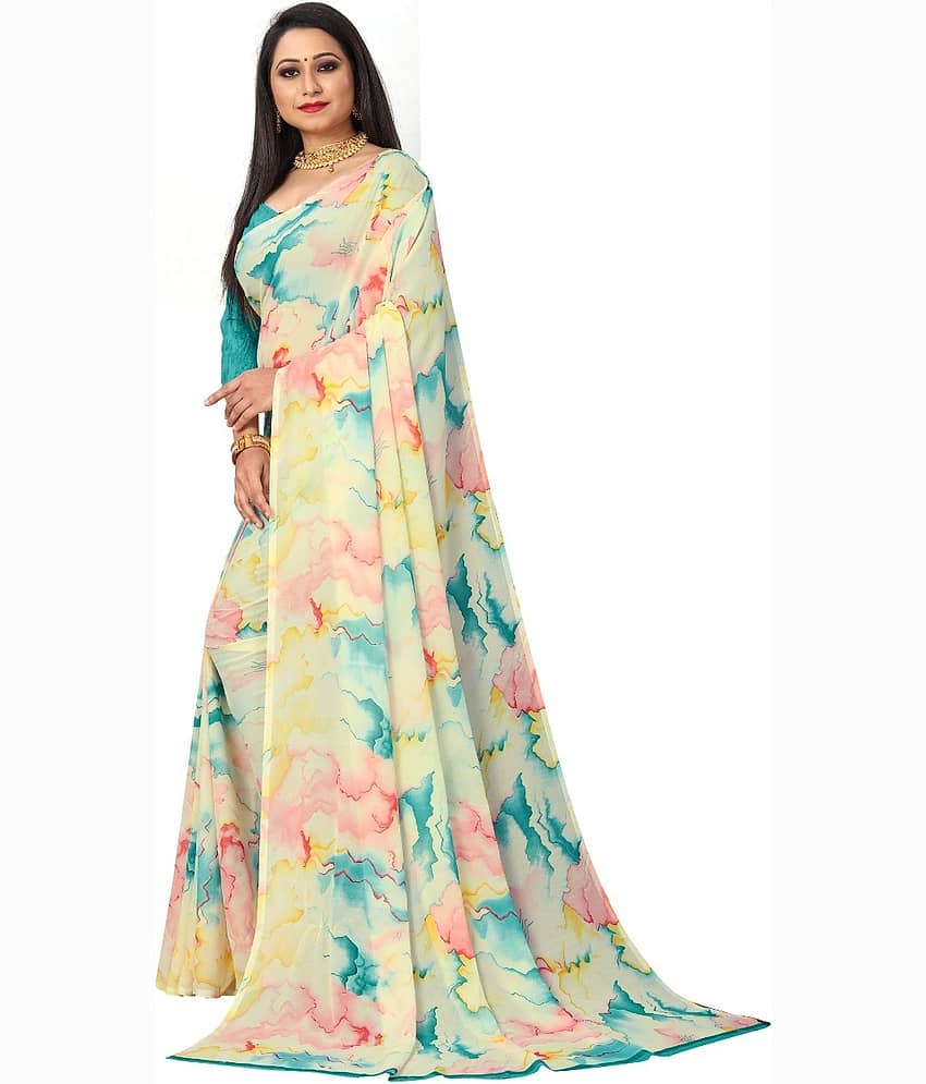 Kanooda Prints Georgette Printed Saree With Unstitched Blouse Piece ( Multicolor )