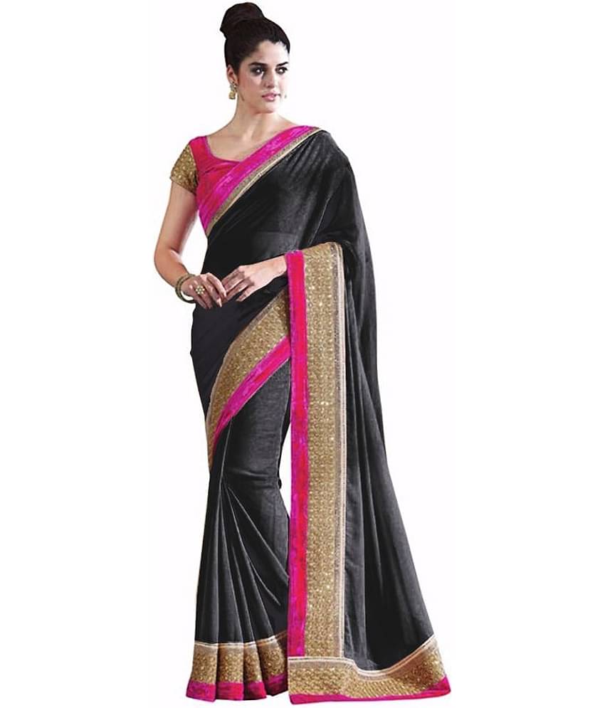 AV FASHION Chiffon Saree With Unstitched Blouse Piece ( Black )