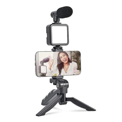 Vlogging Kit for Video Making with Mic Mini Tripod Stand, LED Light & Phone Holder Clip for Making Videos (Random Colour) (Packaging May Different)