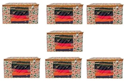 Bindian Multipurpose Saree Cover for Wardrobe Storage | Premium Non-Woven Fabric Cloth Organizer Box with Transparent Window & Zipper | Ideal for Storing Sarees & More (Beige, Pack of 7)