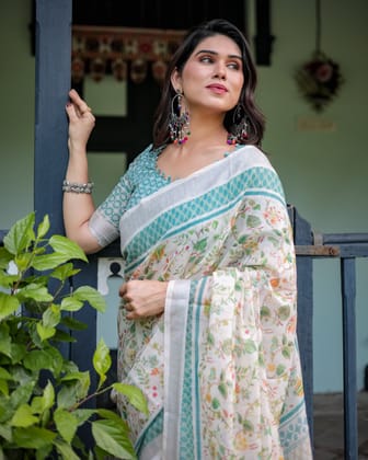 Elegant Floral Printed Pure Cotton Linen Saree in Ivory with Teal Border and Blouse, Tassels on Edges-Regular