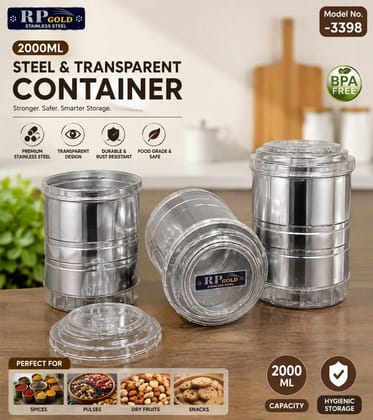 2000 ml Stainless Steel & Transparent Storage Container with Airtight Lid, Large Food Storage Jar for Kitchen, Pantry, Grains, Pulses, Snacks & Dry Fruits