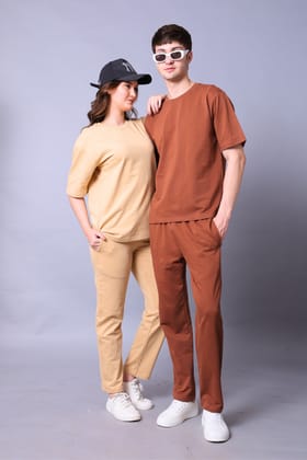 Beige & Brown Couple Co-Ord Set With Joggers (Pack of 2)