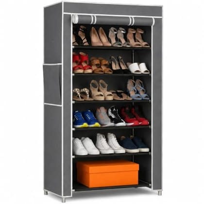 EASY BUY Economy 6 Shelf Shoe Rack with Cover, Plastic Rack 6 Shelves with Zip Door Cover & Side Pocket