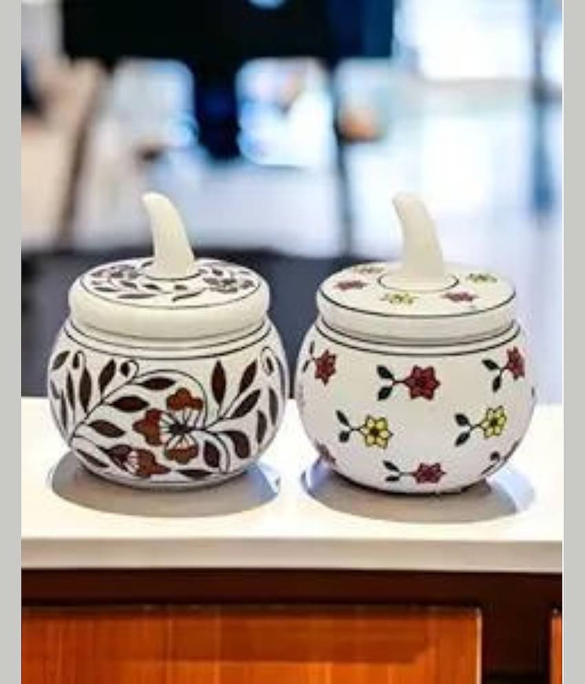 Malaikah White Brown Salt Jar Ceramic White Salt/Pepper Container ( Set of 2 )