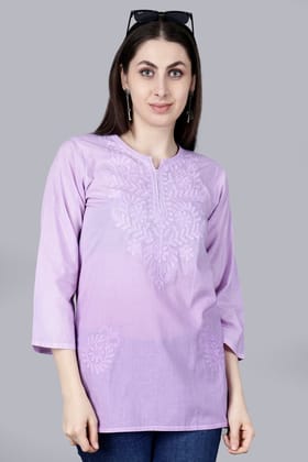The Chikankari Story: Chikankari Machine Embroidery Short Kurta, Kurti, and Tunic Collection in Cotton Fabric-XS / Purple