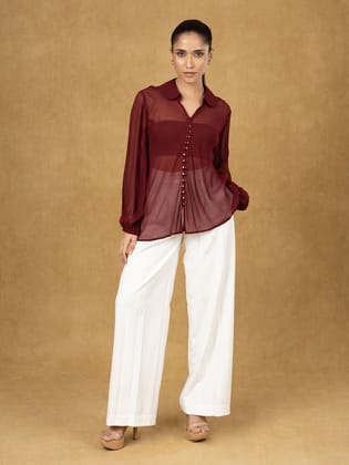 Maroon Solid Button Top-XS