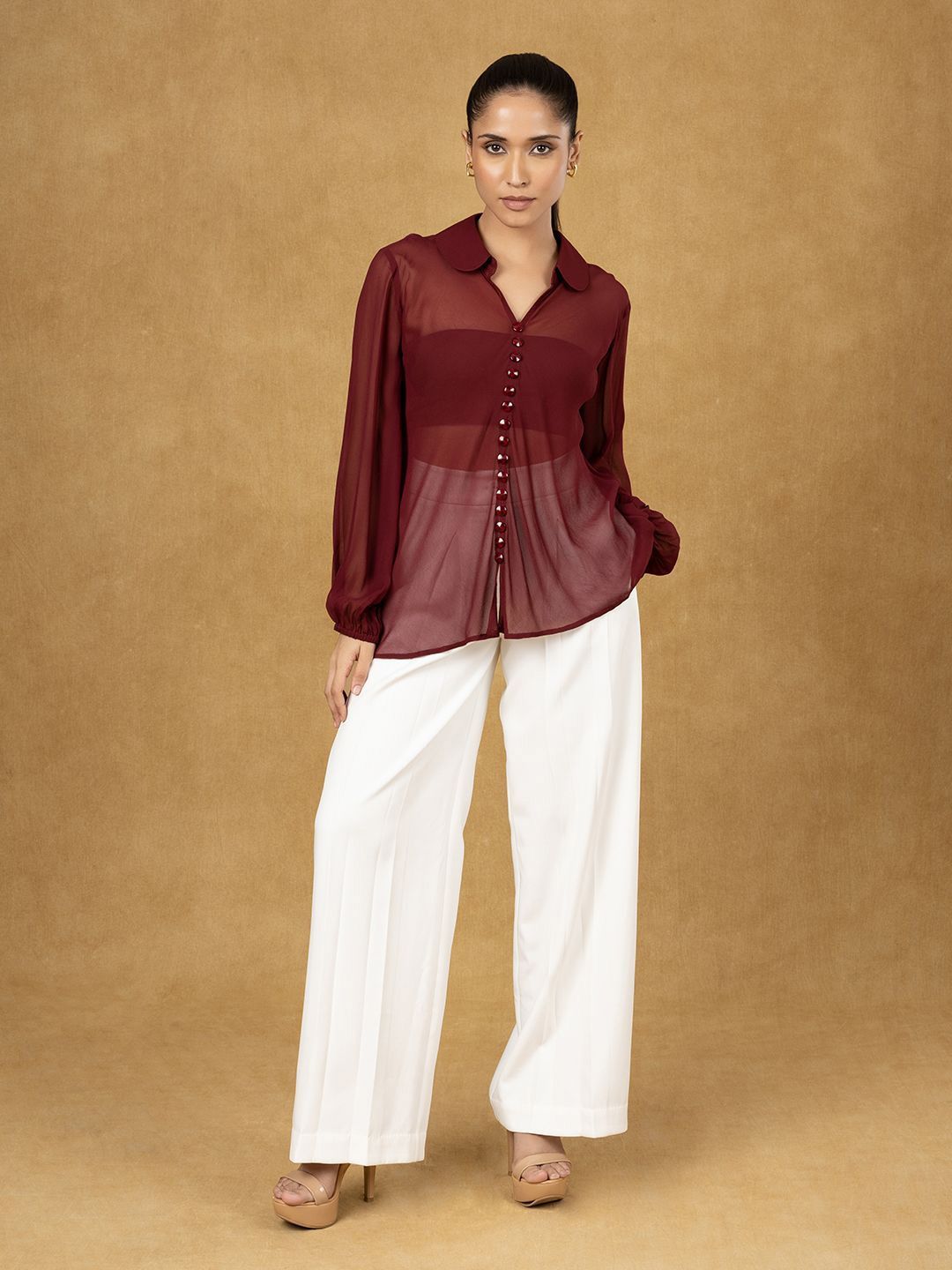 Maroon Solid Button Top-XS
