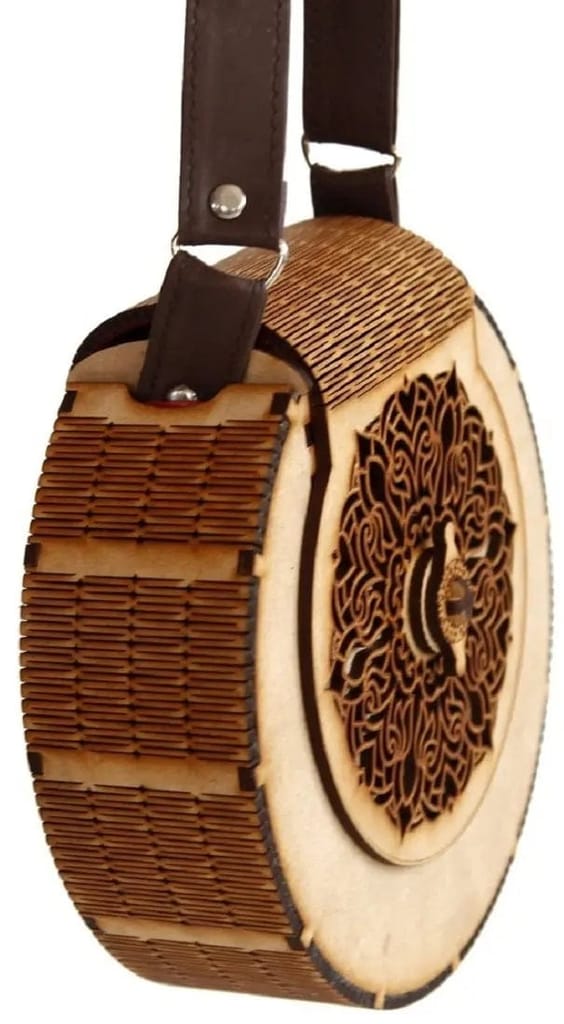 "Exquisite Handcrafted Circular Wooden Handbag with Intricate Floral Design – Perfect Rakhi Festival Gift"