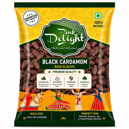 Pink Delight Black Cardamom (Badi Elaichi) 100g | Premium Bold Black Elaichi Pods | Strong Smoky Aroma for Biryani, Dal, Garam Masala & Tea | Natural Whole Spices Hygienically Packed