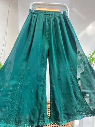 Chikankari Plazzo with mukaish - Flare -  Pine Green