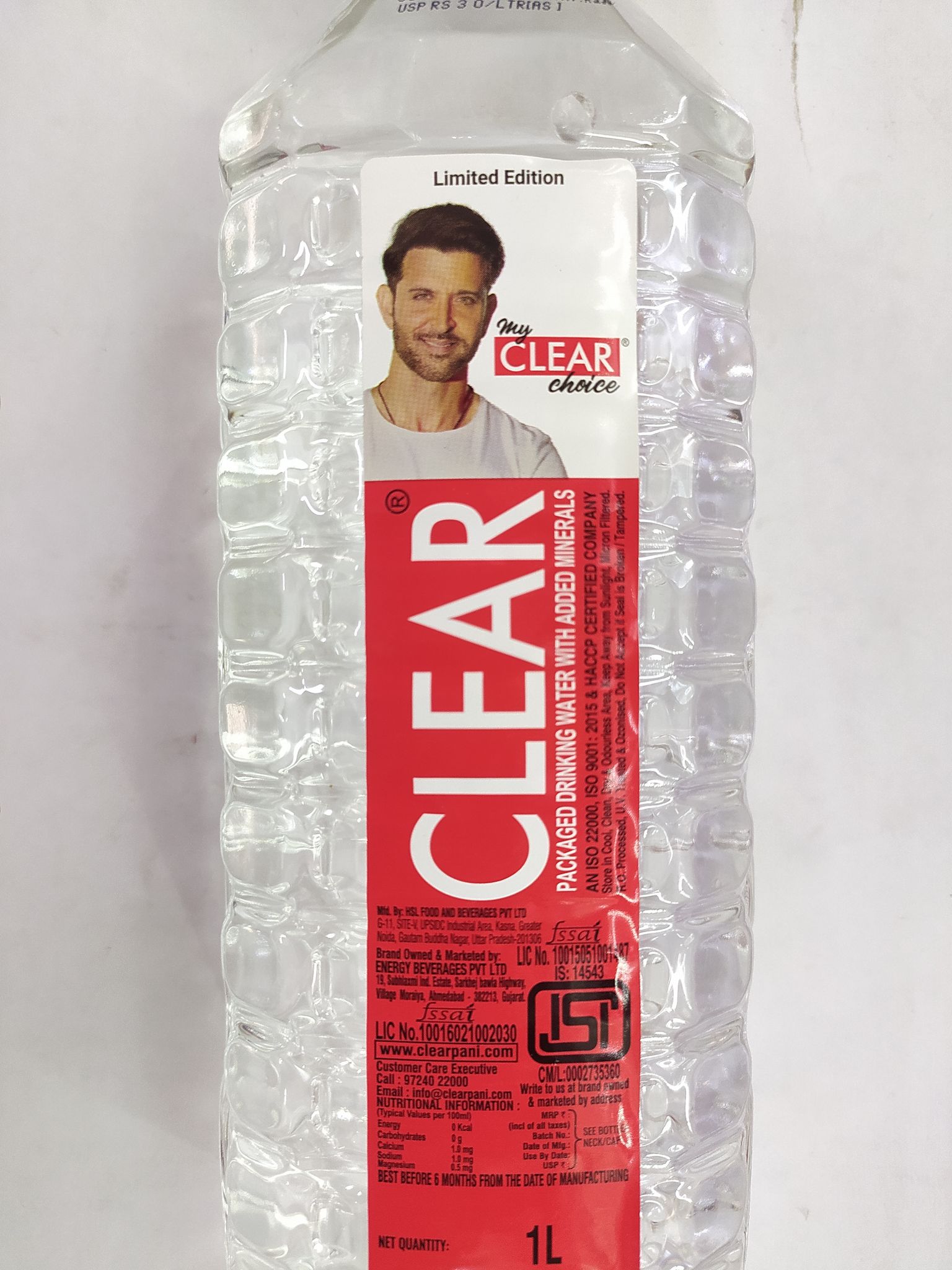 Clear Packaged drinking water with added minerals 