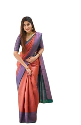 Women's Soft Lichi Silk Printed Saree With Unstitched Blouse 5.5Mtr (Orange)-PID63636