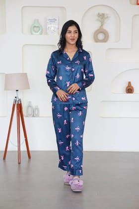 Night Wear Satin Teal Blue Color Pink Panther Print Night Suit-s