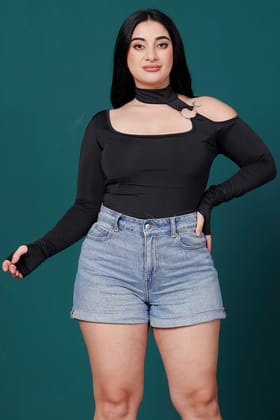 Black Solid Choker Neck Bodysuit-L / Black