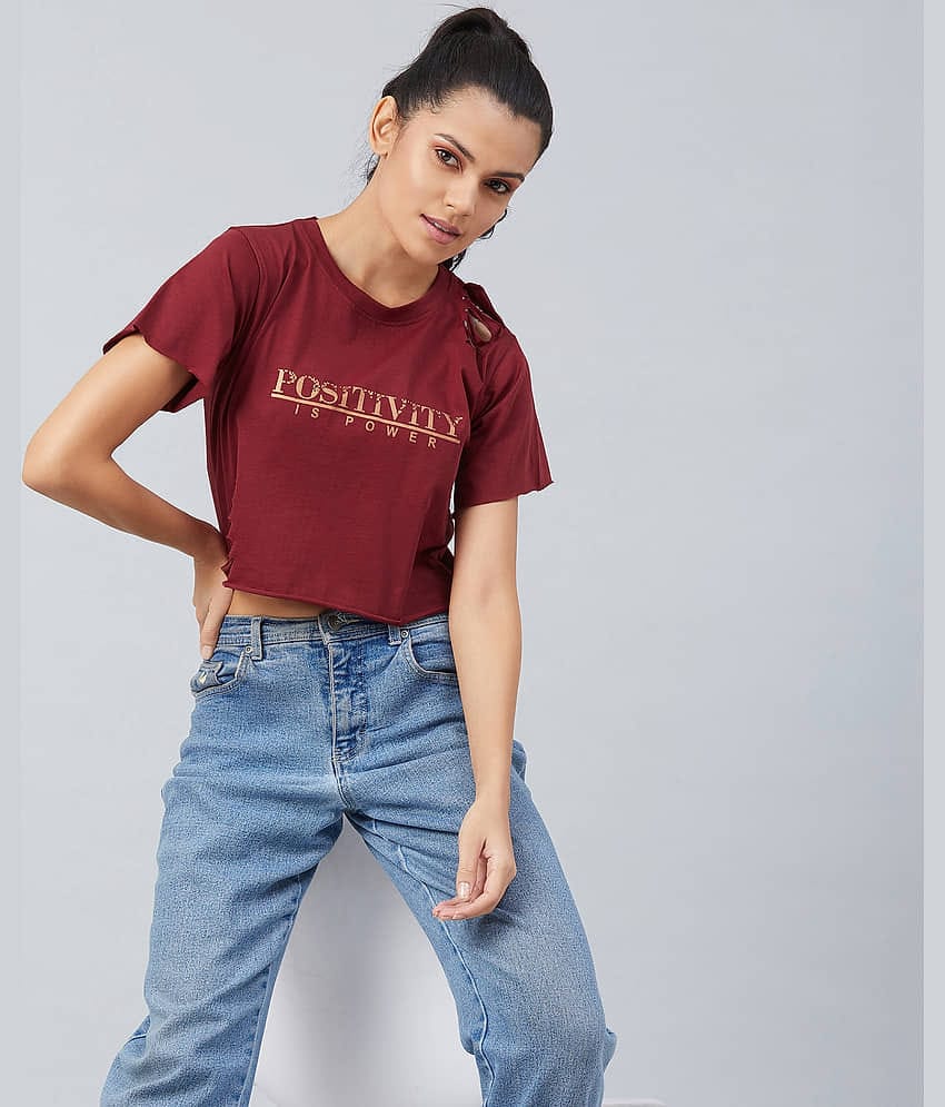 Chimpaaanzee Women Cotton Solid Regular Fit Round Neck T-Shirt ( Maroon )