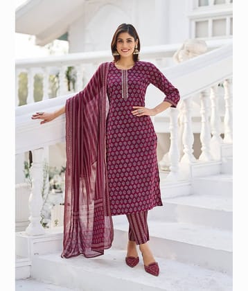 VIBE VISION Cotton Self Design Kurti With Pants Women's Stitched Salwar Suit - Violet ( Pack of 1 )