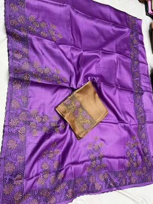 Silkmark Certified Bold Pure Tussar Cutwork Purple Saree
