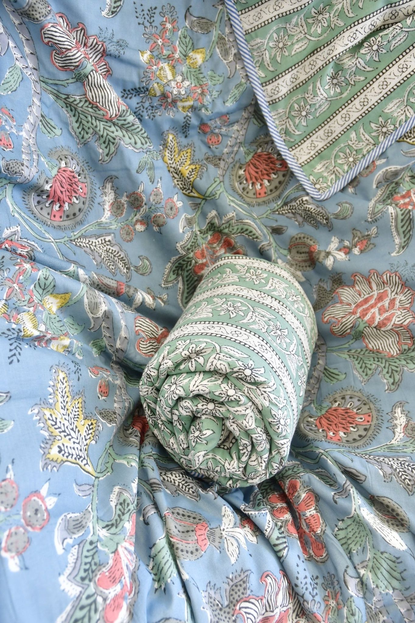Teal Blue Floral Print Dohar ( set of 2) : Light ComfortDouble