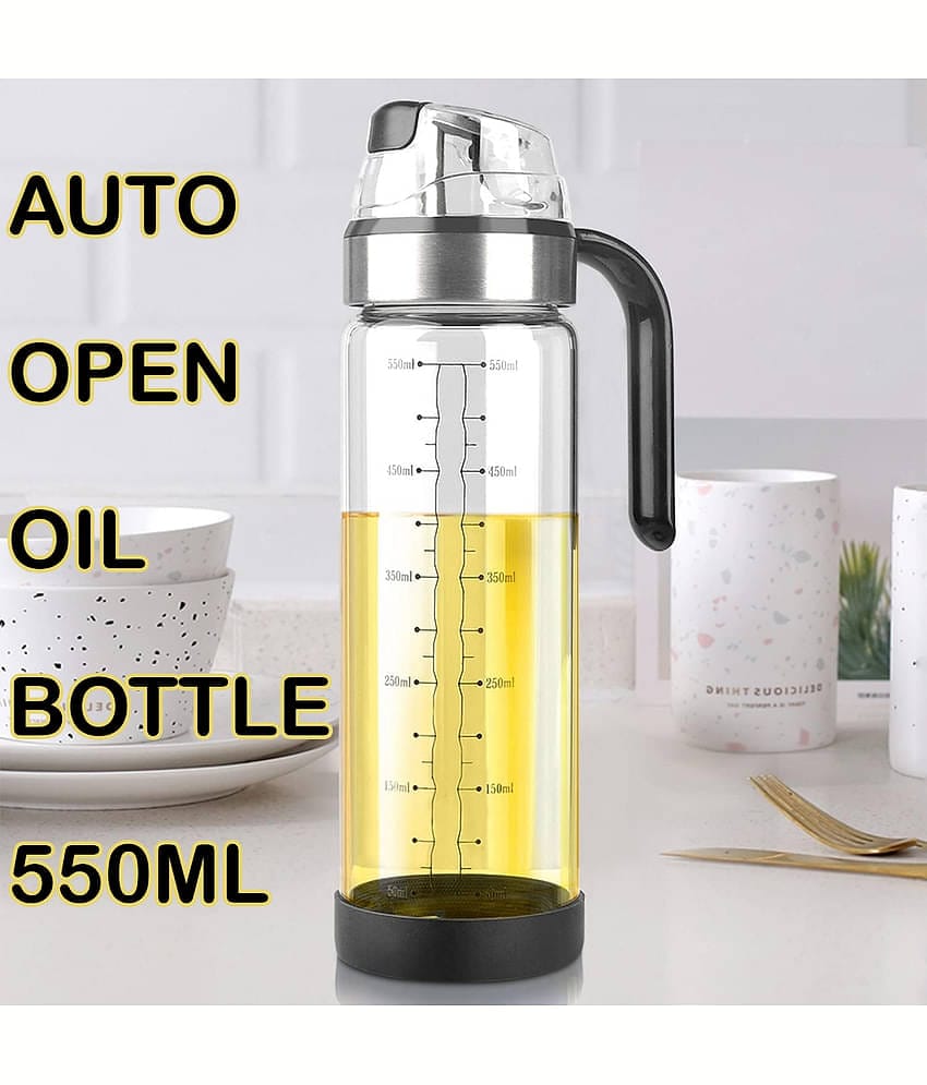 GEEO 550ml Auto Open Glass Transparent Oil Container ( Set of 1 )