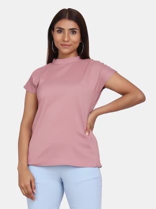 Short Sleeve High Neck Stretch Top for Women- Blush Pink-M