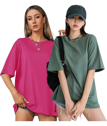 LONDON HILLS Women Cotton Blend Solid Oversized Fit Round Neck T-Shirt ( Green )