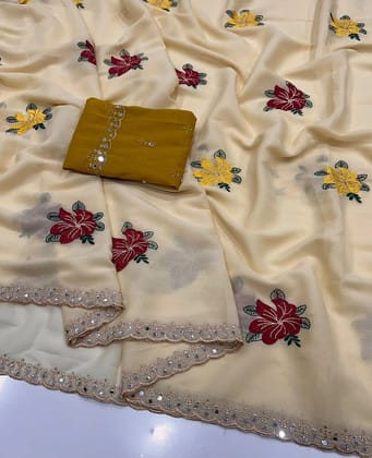 Star georgette saree with embroidery work and mirror work all over beautiful flavours and work Emrodairy Full Worked Saree With  Blouse