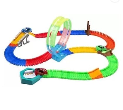 Braintastic 2 Magic Race car with 238 Bend Flex and Glow Tracks, Plastic Magic 14 Feet Long Flexible Tracks Car Play Set for Kids