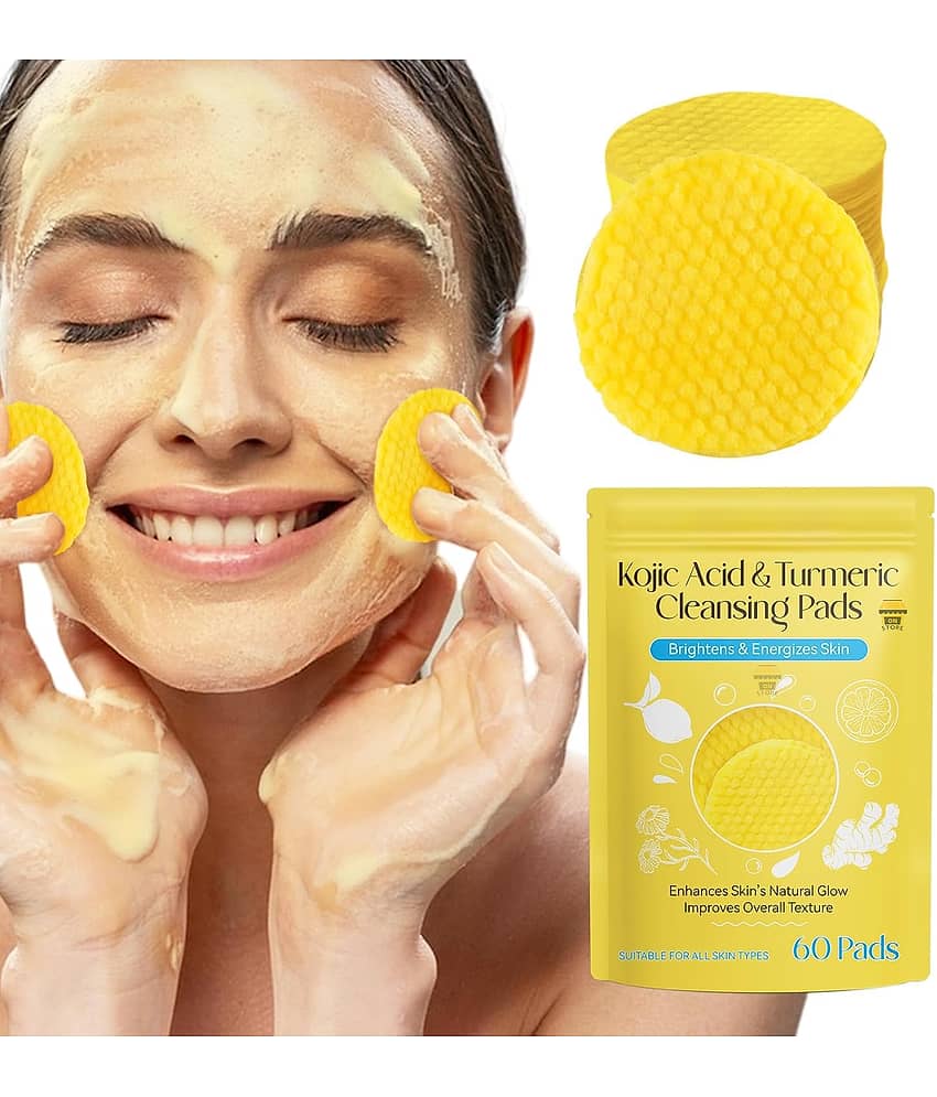 Kojic Acid and Turmeric Cleansing Pads, Turmearic Cleansing Pads with Vitamin B5, Vitamin C, Turmeric Pads Infused Foaming Exfoliating Pads, Turmeric Lemon Chamomile Pads for Face -60PCS (Pack of 1)