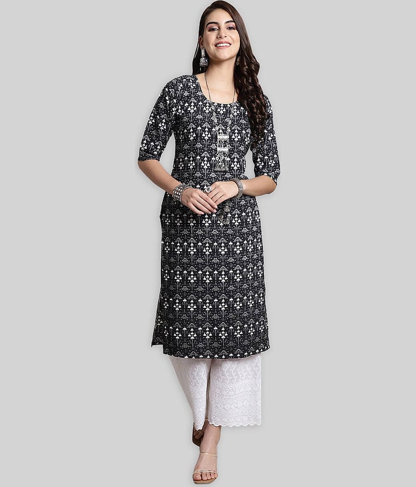 7Threads Crepe Printed Straight Women's Kurti - Black ( Pack of 1 )