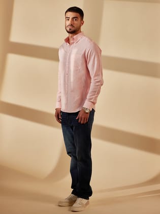 Aldeno Men Regular Fit Solid Pink Cotton linen Shirt (MESK)-S