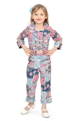 Be:Kids Girls' Eclectic Patchwork Floral and Geometric Print Jacket and Pants Co-ord Set