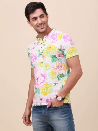 Paradise Tropical Multi-Color Henley T-shirt-S