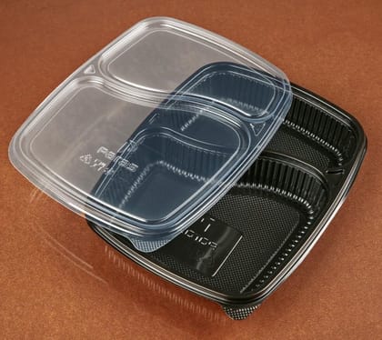 Divatos 2CP Meal Tray with LID Black | Microwave & Fridge Safe | 2 Compartment Plates for Dinner Lunch | BPA Free Food Grade Virgin Plastic | Restaurants & Cloud Kitchen Food Delivery (Set of 25) Divatos 2CP Meal Tray with LID Black | Microwave & Fridge Safe | 2 Compartment Plates for Dinner Lunch | BPA Free Food Grade Virgin Plastic | Restaurants & Cloud Kitchen Food Delivery (Set of 25)